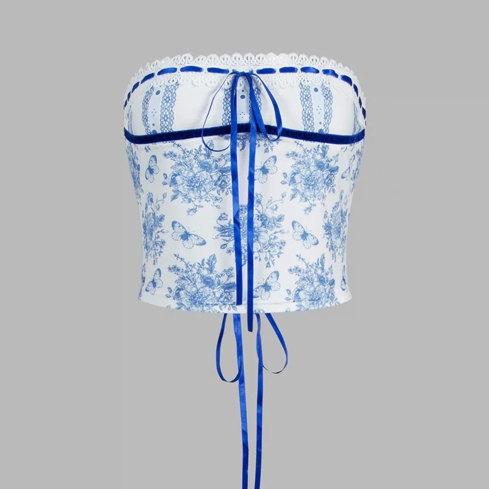 Blue and white floral butterfly bouquet top